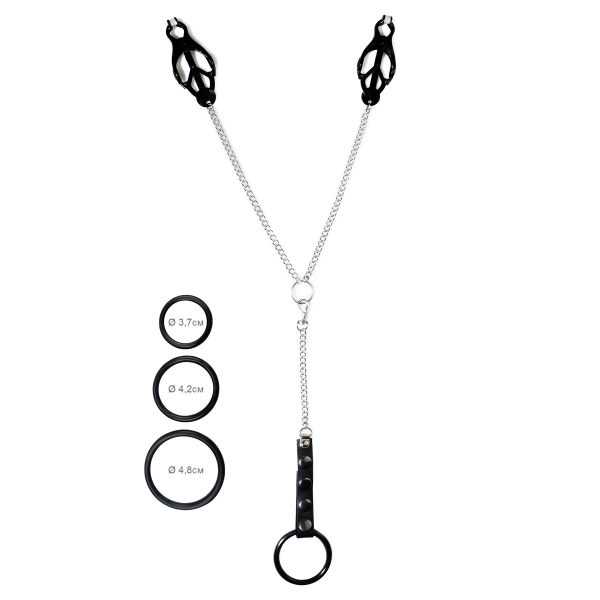 Затискач для сосків Art of Sex - Nipple Clamps for Men Black clover з ерекційними кільцями - фото