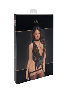 Боді Noir Handmade F297 Libido Deep-V bodysuit with collar, pearl chain and garter - 3XL - - фото №6