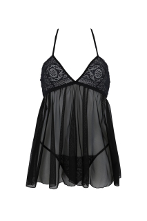 Пеньюар Passion KERRIA CHEMISE black, S/M, мереживний верх, трусики в комплекті - - фото №3