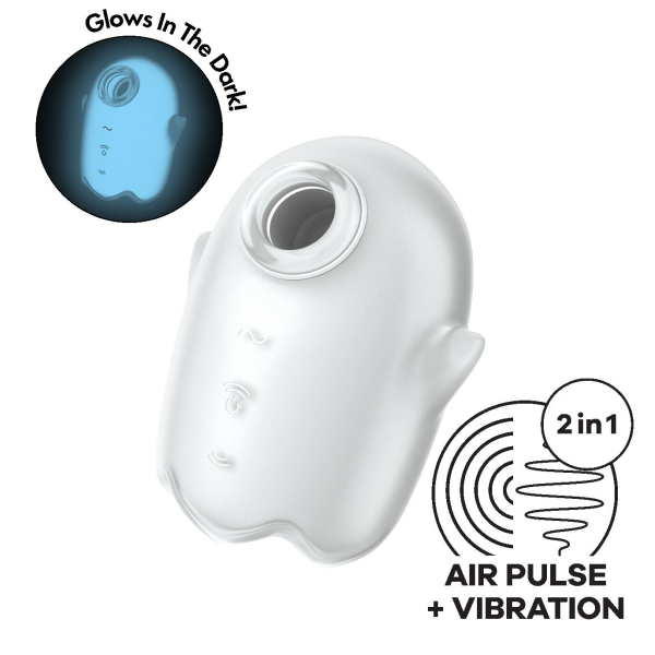 Вакуумний кліторальний стимулятор з вібрацією Satisfyer Glowing Ghost White, світиться в темряві - фото