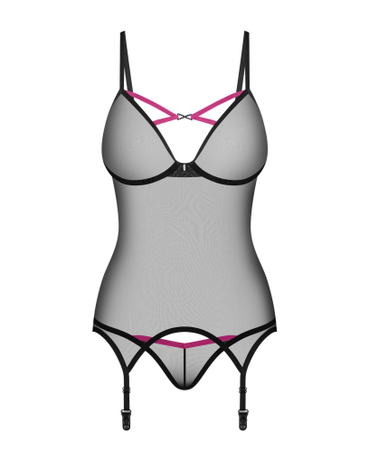 Корсет Obsessive Novenes corset & thong, XS/S, прозорий, відкрита спина, стрінги в комплекті №4