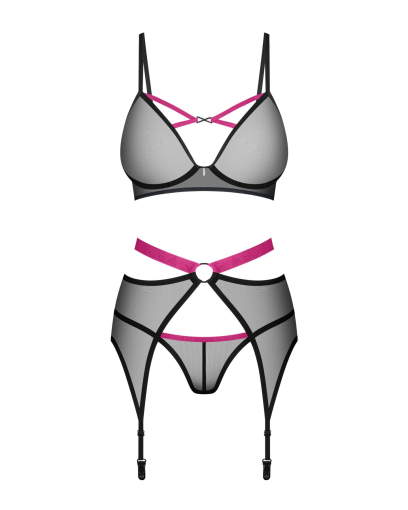 Комплект Obsessive Novenes 3-pcs set, M/L, прозорий ліф на кісточках, стрінги, пояс - фото №4
