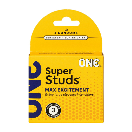 Презервативи ONE Super Studs, 3 шт, з точковим рельєфом, зі змазкою, паковання — картонна коробка 