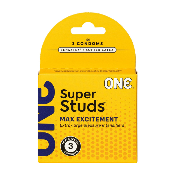 Презервативи ONE Super Studs, 3 шт, з точковим рельєфом, зі змазкою, паковання — картонна коробка 