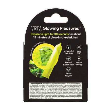 Презервативи ONE Glowing Pleasures, 3 шт, світяться в темряві, зі змазкою, картонне паковання - фото №2