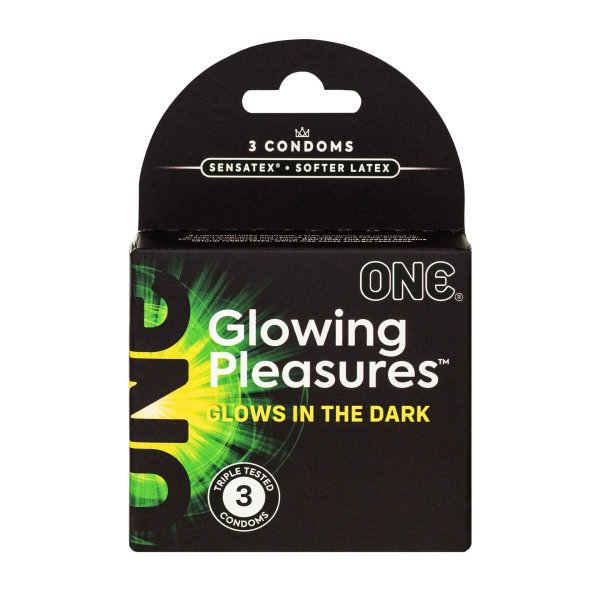 Презервативи ONE Glowing Pleasures, 3 шт, світяться в темряві, зі змазкою, картонне паковання - фото