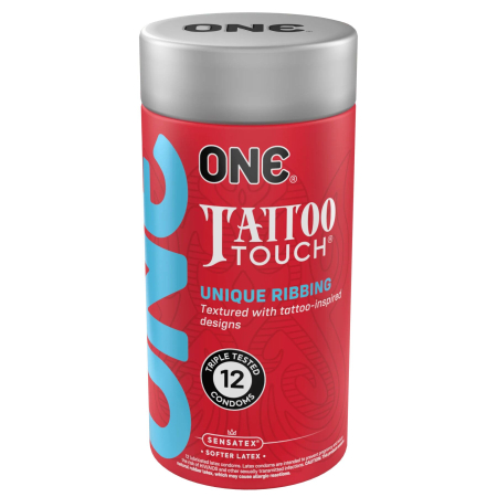 Презервативи ONE Tattoo Touch, 12 шт, рельєф у вигляді тату, 3 різновиди, подарункове паковання-тубус - фото