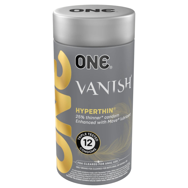 Презервативи ONE Vanish Hyperthin, 12 шт, ультратонкі, зі змазкою, подарункове паковання-тубус - фото