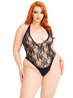 Боді Leg Avenue Floral lace deep-V teddy Black 1X/2X - фото