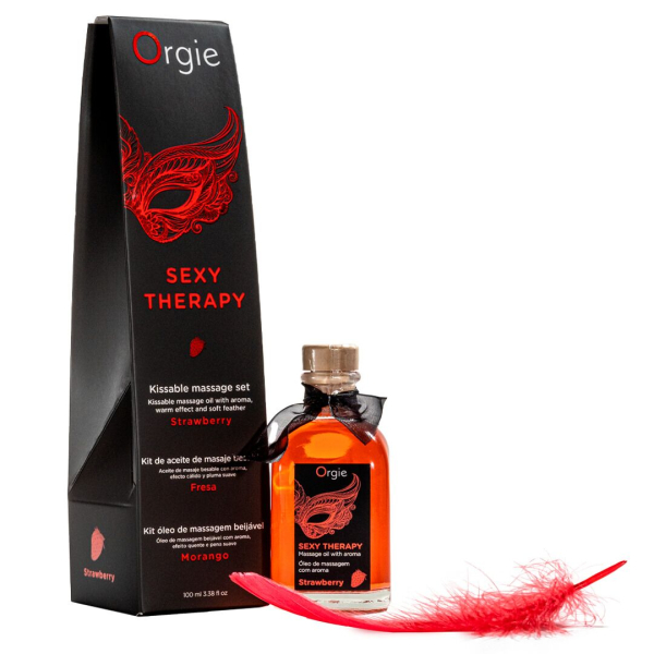 Набір для масажу Orgie – Sexy Therapy Strawberry (100 мл), їстівна розігрівальна олія + пір’їнка - фото