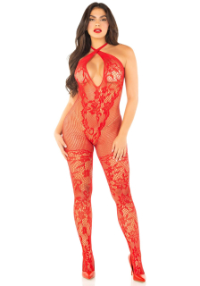 Бодістокінг Leg Avenue Seamless Net and Lace Lingerie Jumpsuit One Size, Red - - фото №2