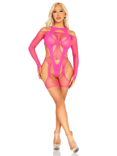 Бодістокінг Leg Avenue Fishnet Garter Harness and Teddy One Size Neon Pink - №5