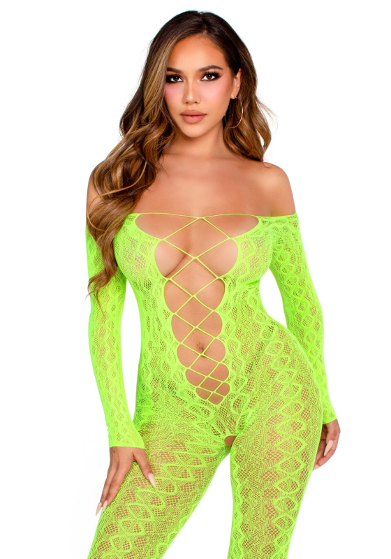 Бодістокінг Leg Avenue Crotchless Footless Lingerie Bodystocking One Size Neon Green - фото