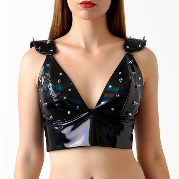 Лакований вініловий ліф з шипами Art of Sex - Mistress, чорний з ефектом голограми, розмір L - фото