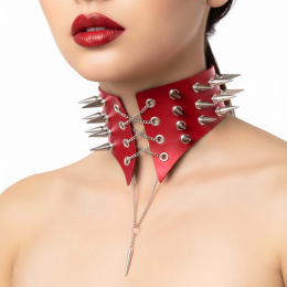 Чокер комір з шипами Art of Sex - Ariadne, натуральна шкіра, колір червоний, XS-M - №2