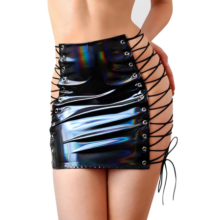 Лакована спідниця на шнурівці Art of Sex - Molly, колір чорний з ефектом голограми, L-2XL - фото